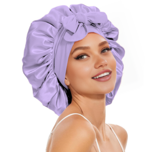 haar bonnet van satijn lila