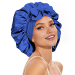 haar bonnet van satijn blauw